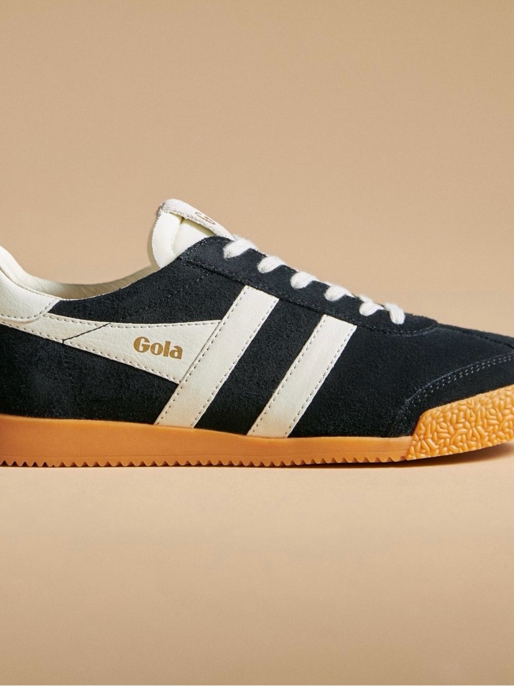 Gola women’s Black Suede Sneakers with White Stripes and Gum Sole